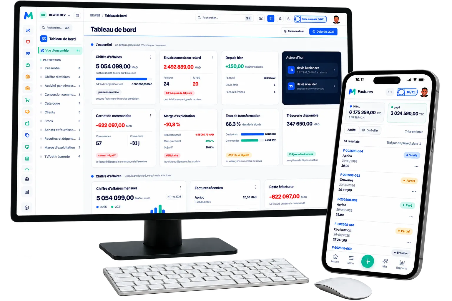 Manageo sur ordinateur et mobile : tableau de bord — chiffre d'affaires, encaissements en retard, marge, trésorerie, et l'app mobile des factures.